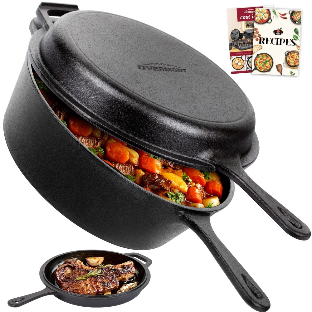 Cast Iron Skillet with Lid - 2-in-1 Cast Iron Dutch Oven - 3.2QT Deep Pot wit...
