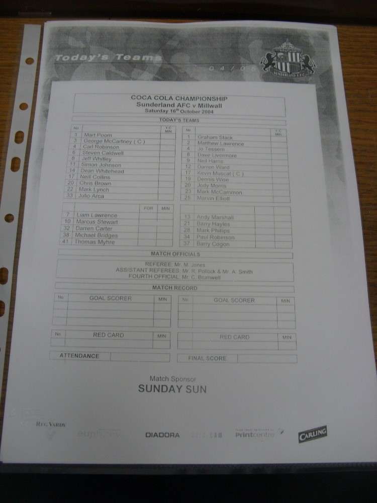 16/10/2004 Teamsheet: Sunderland v Millwall  (Single Sheet, Black & White Versio