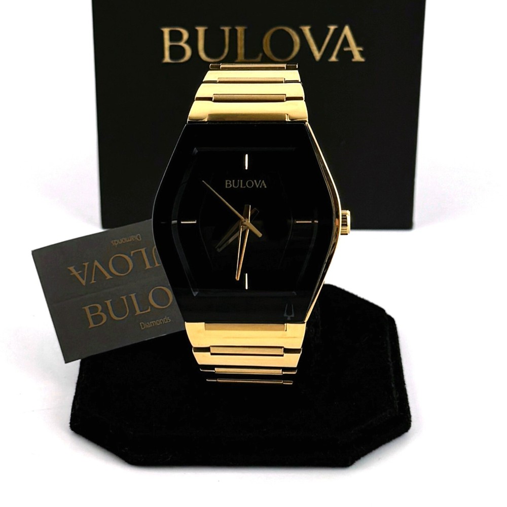 Bulova Gemini 40mm Gold Tone Stainless Steel Black Dial Mens Watch 97A164