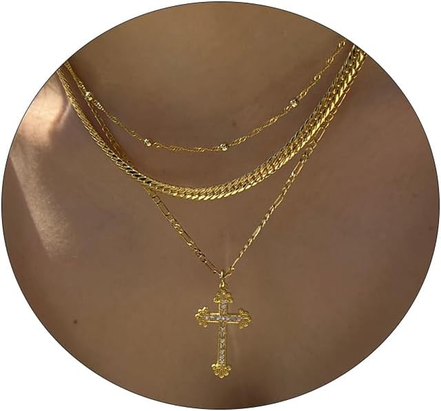 Gold Cross Necklace for Women 14K Gold Plated Dainty Layered Pendant Choker Simp