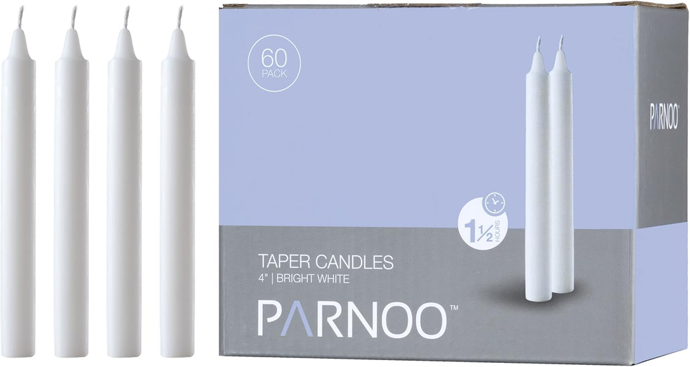 Elegant 4 Inch White Taper Candles Set of 60 Dripless Chimes 1/2 Inch