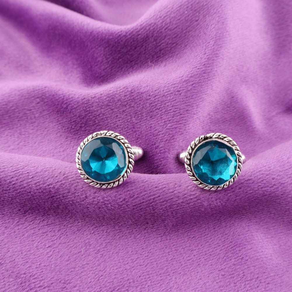 Sterling Silver Natural Apatite Blue Groomsmens Gift Designer Wedding Cufflinks