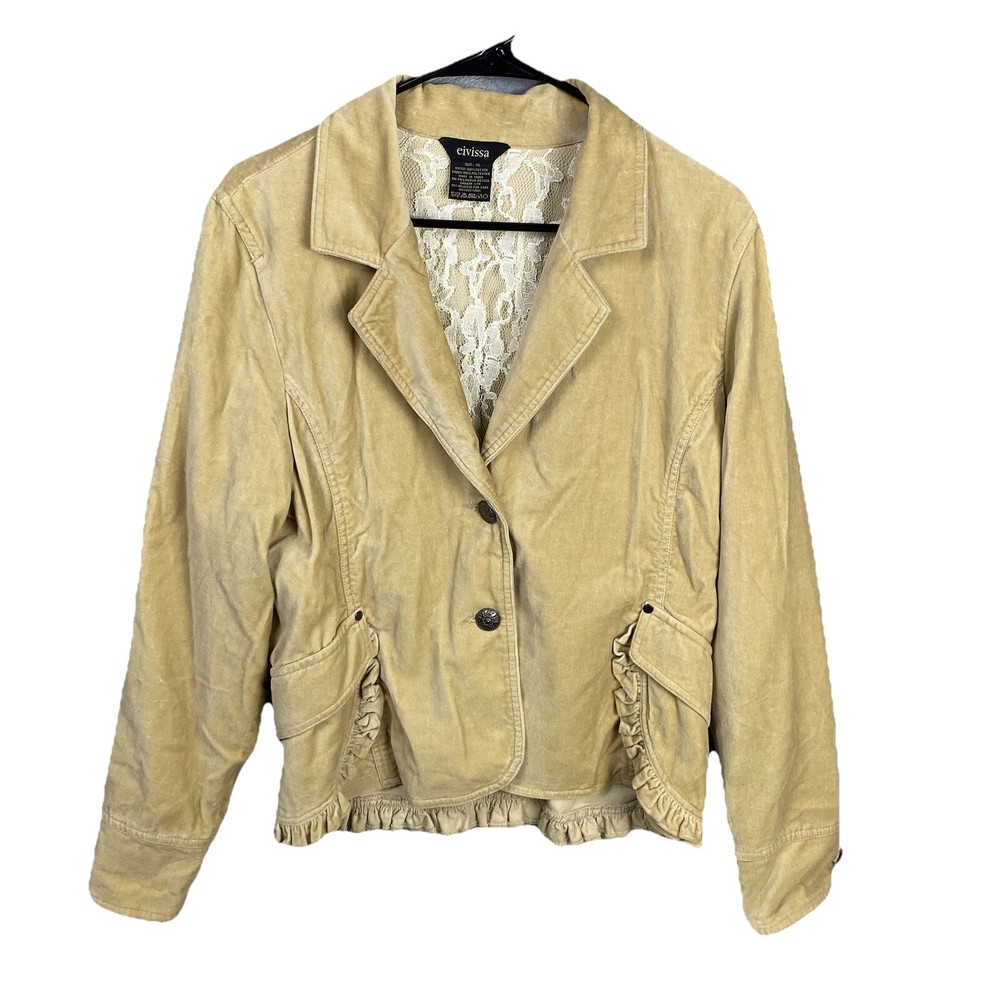 Eivissa Women’s XL Blazer Jacket Velvet Tan Ruffle Coquette Cottagecore Y2K