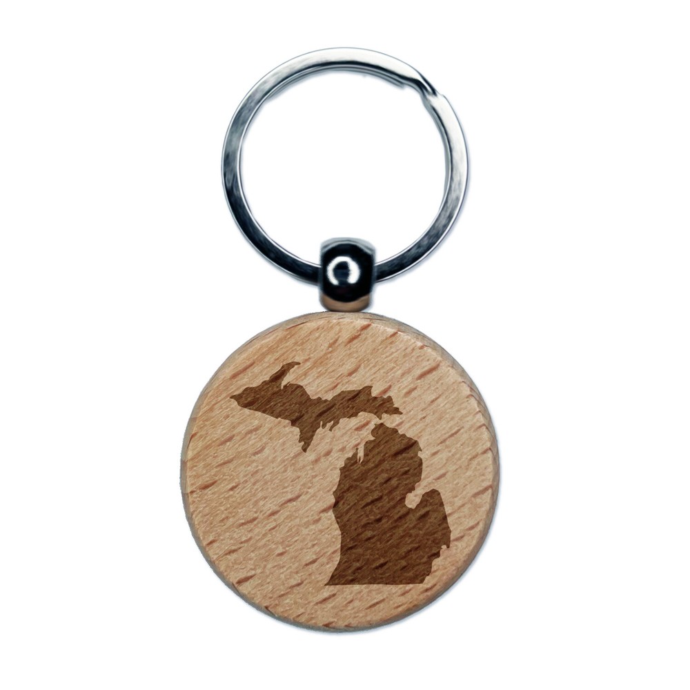 Michigan State Silhouette Engraved Wood Round Keychain Tag Charm