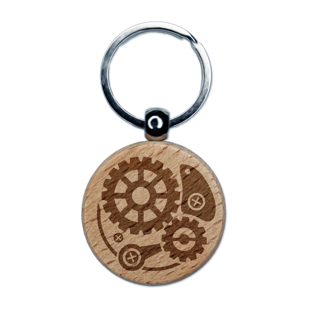 Steampunk Clockwork Watch Gears Engraved Wood Round Keychain Tag Charm