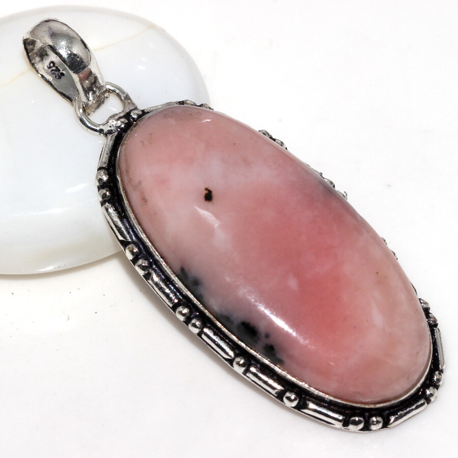 925 Silver Plated Peruvian Pink Opal Ethnic Pendant Jewelry Size 2