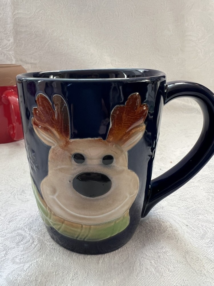 3D Blue Reindeer Christmas Mug with Green Scarf Snowflake Design  