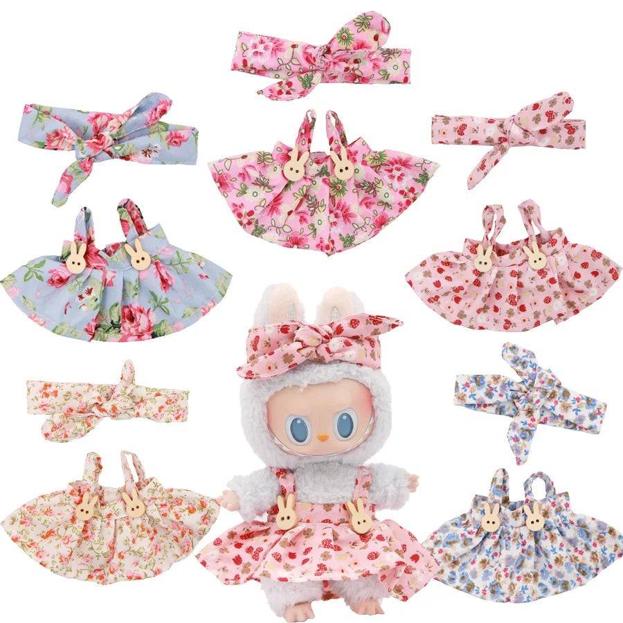 Labubu Doll Floral Skirt Halter Dress & Hairband 2-Piece Set