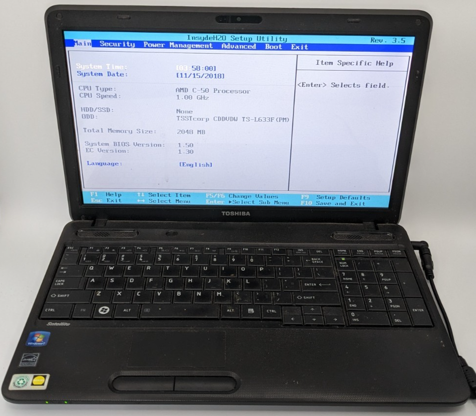 Toshiba Satellite C655D-S5200 AMD C-50 1GHz 2 GB NO HDD/Batt