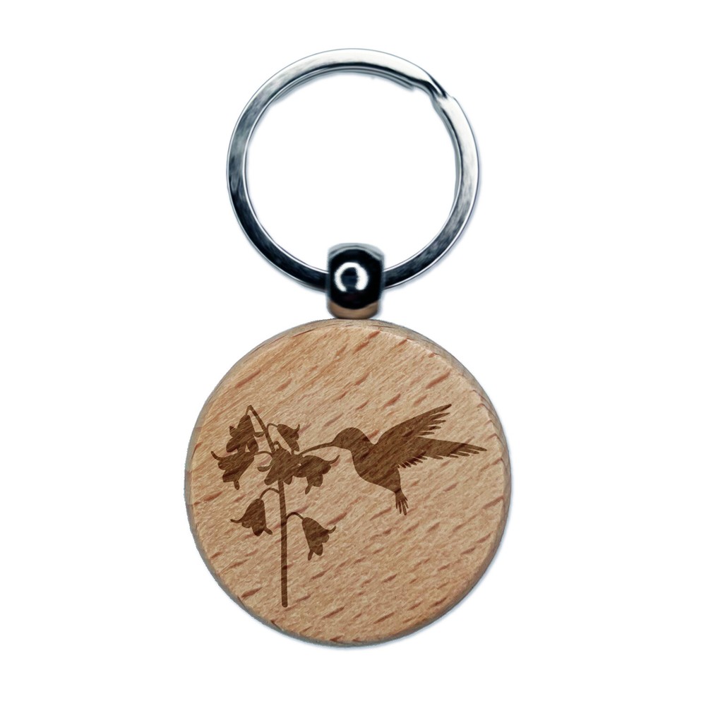 Hummingbird and Flower Engraved Wood Round Keychain Tag Charm