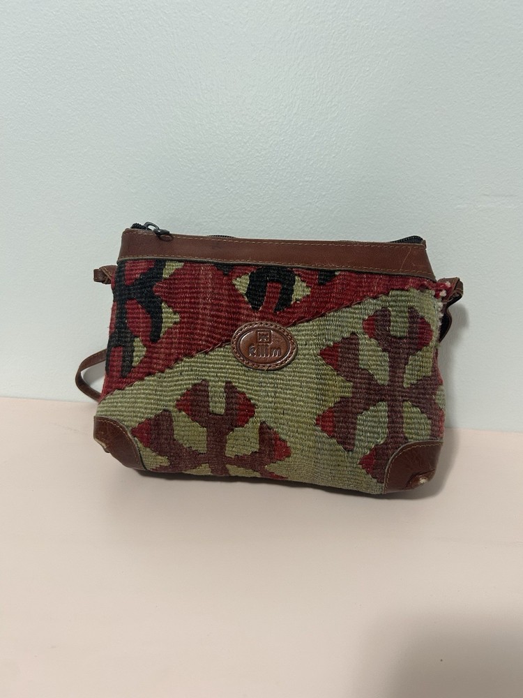 Kilim Arts Woven Blue Red Wool Leather Shoulder Crossbody