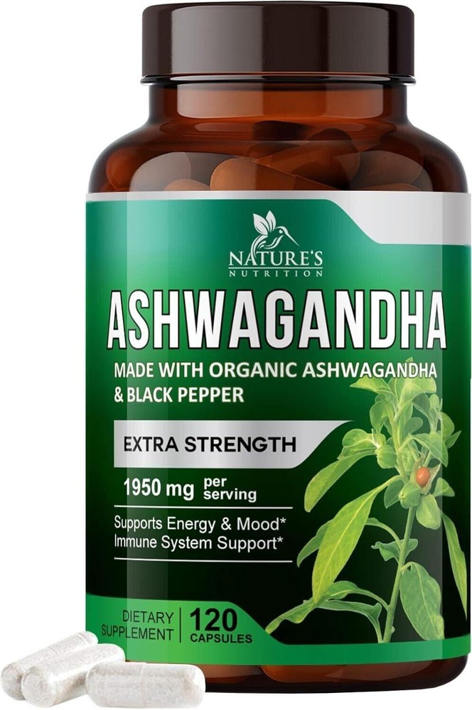 Organic Ashwagandha 120 Capsules 1950mg Supplement W/ Black Pepper Root Powder
