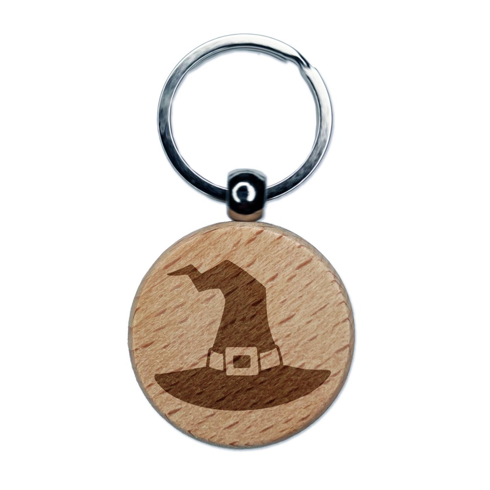 Stylized Witch Hat Halloween Engraved Wood Round Keychain Tag Charm