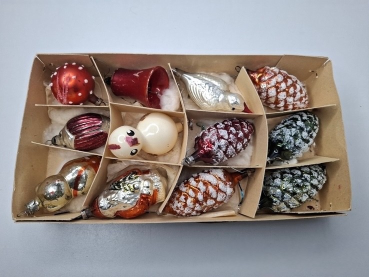 12 Vintage Soviet Christmas Ornaments in Box, Mercury Glass USSR Tree Decor