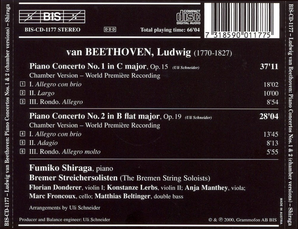 Beethoven Piano Concertos 1 & 2 performed by Shiraga and Bremen String Soloists CD 2001