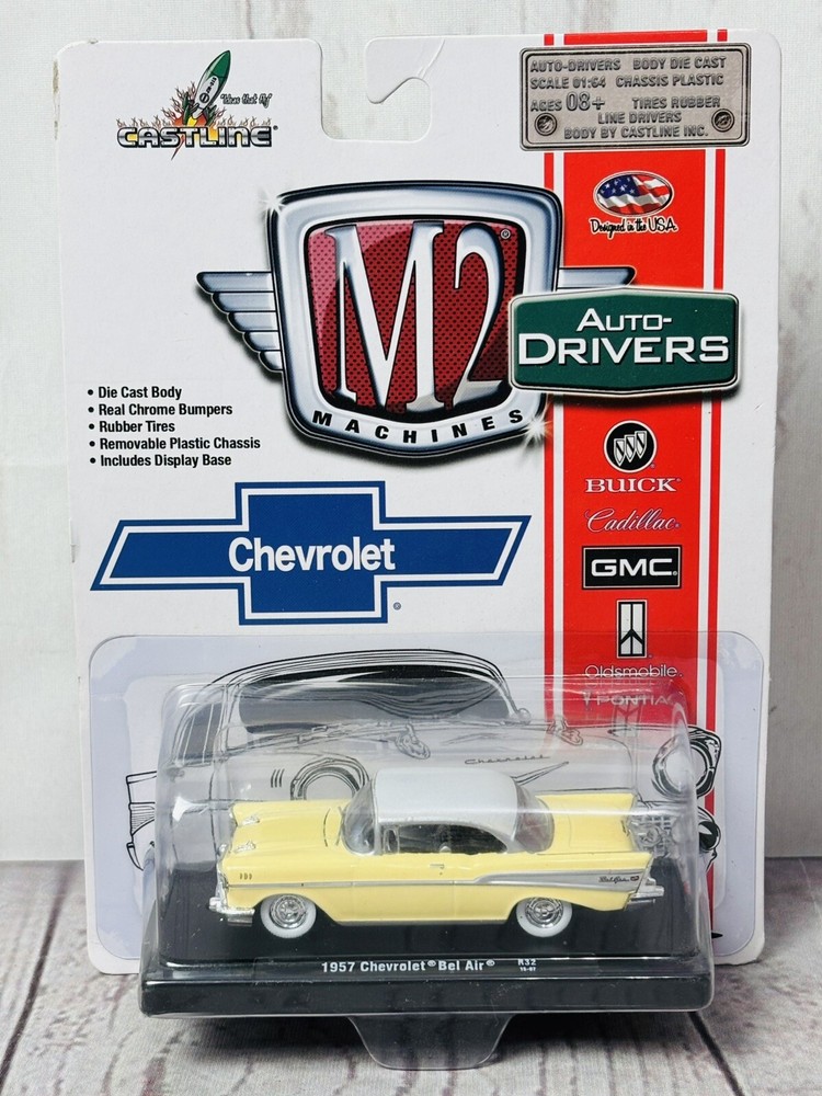 M2 Machines R32 Auto Drivers 1957 Chevrolet Bel Air Chevy Yellow 1/64 Scale NIP