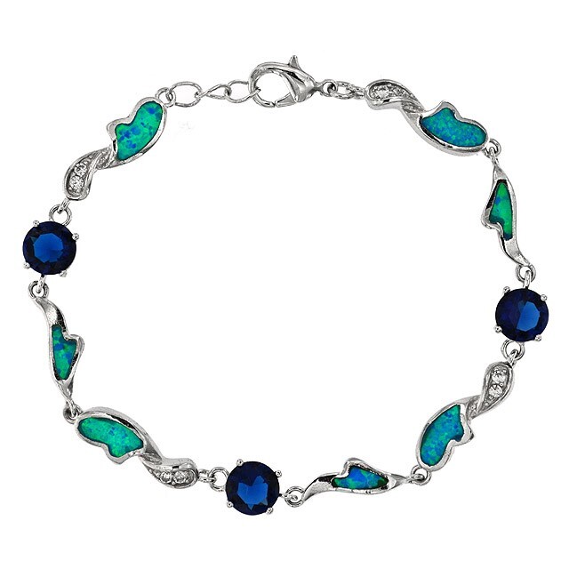 Treated Sapphire & Australian Opal Inlay 925 Sterling Silver Tennis Bracelet OX1