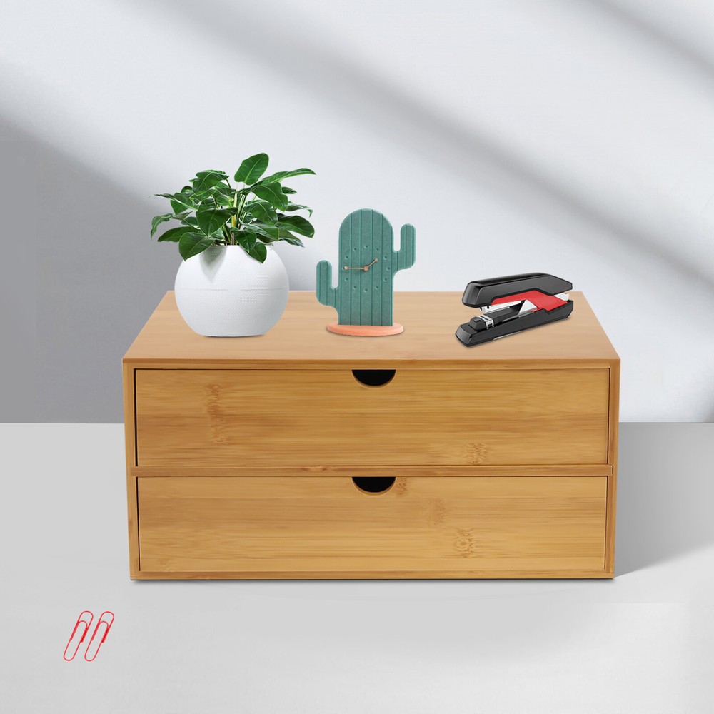 Mini Bamboo Organizer for Desk, Tabletop Storage Organization Box with 2 Drawers