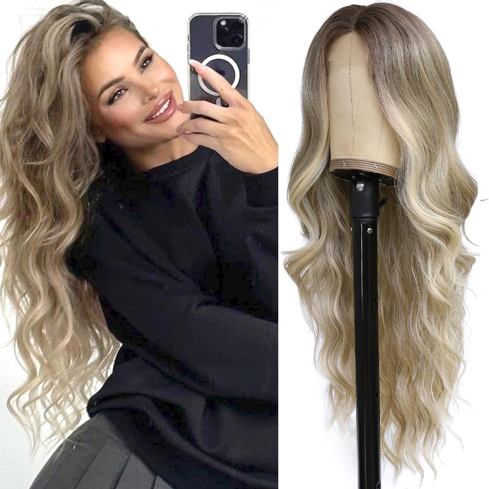 Ombre Ash Blonde Wigs for Women 26 Inch Long Middle Part Curly Wavy Wig Dark ...