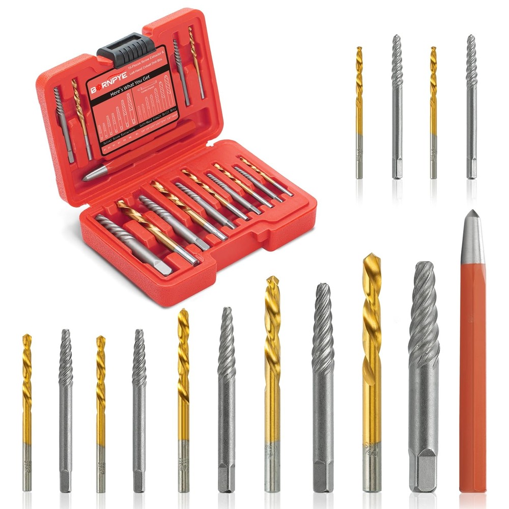 15-Piece Screw Extractor Kit, Cr-Mo & HSS Cobalt Steel Left-Hand Drill Bits