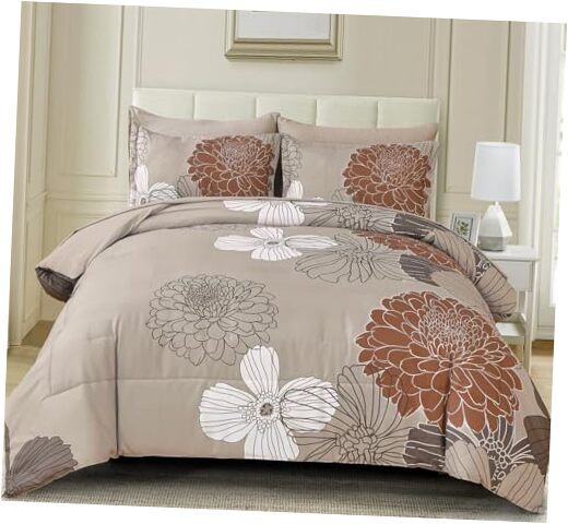 Floral Comforter Set King Size,7 Pieces Bed in a Bag Taupe Brown Comforter