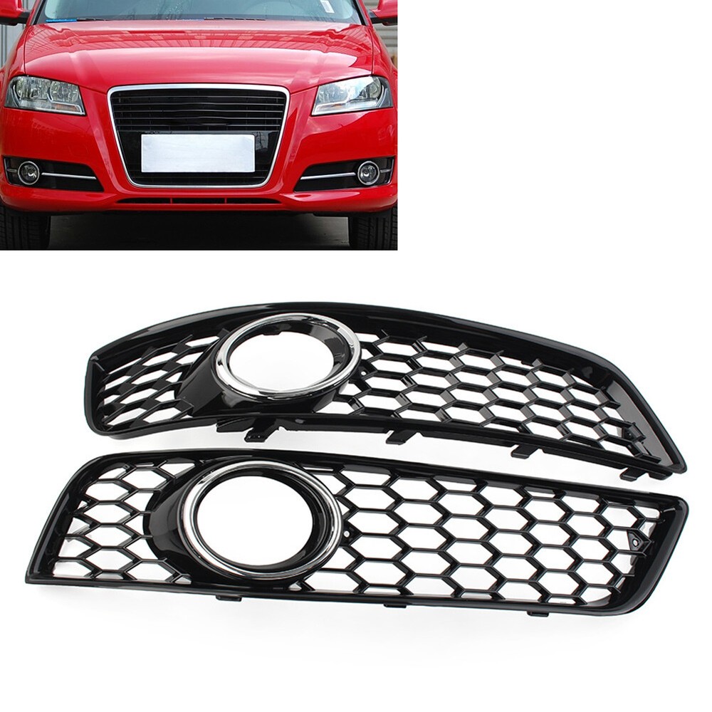 Front Bumper Fog Light Grille Cover Honeycomb Fit Audi A3 8P 09-13 W/Hole Chrome