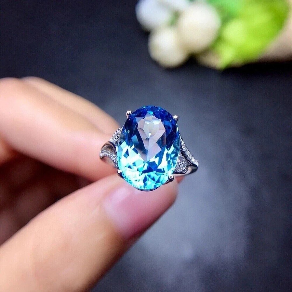 6.30Ct Oval Cut Natural Blue Topaz &Diamond Solid 14K White Gold Engagement Ring
