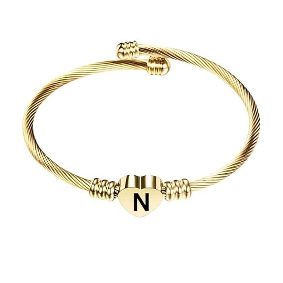 Stainless Steel Heart Word-N Bracelet Engraved Charm Bracelet for Women Golden