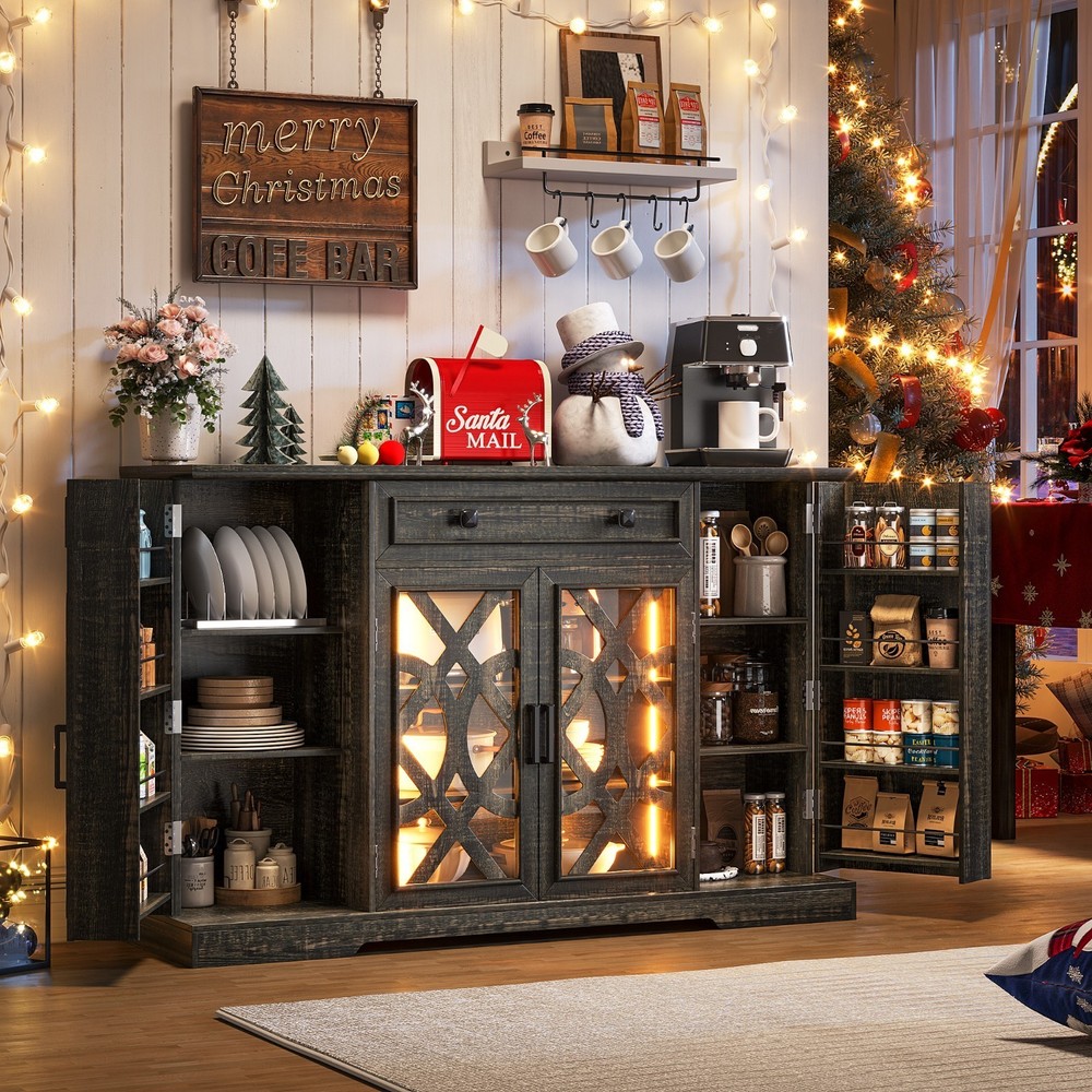 Farmhouse Sideboard with Storage Doors, Shelf & LED Lighting