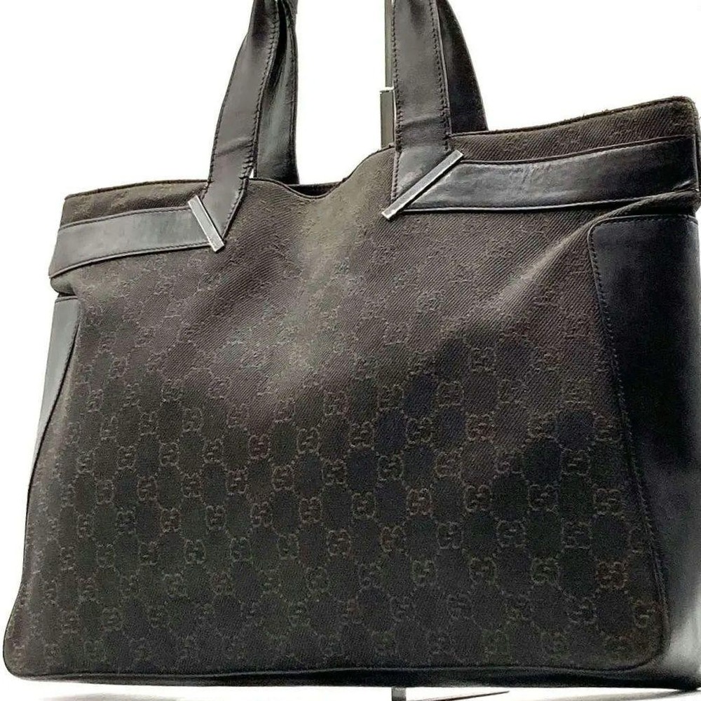 Gucci GG Logo Canvas Leather Unisex Tote Handbag Dark Brown