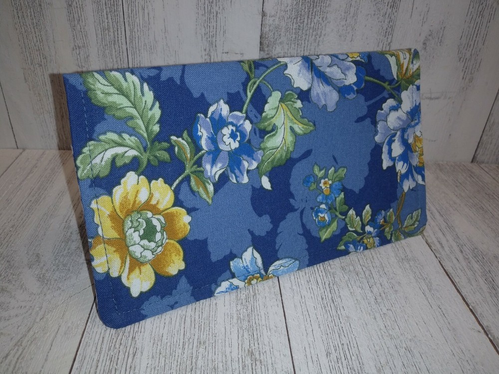 Blue floral fabric wallet checkbook cover with coupon organizer handmade in USA-image