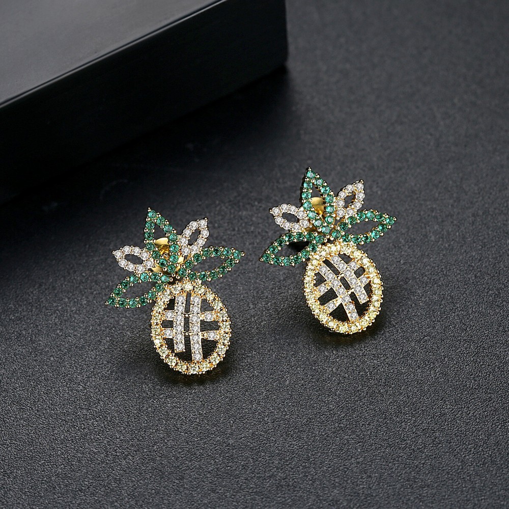 Copper Micro Inlaid Spinel Zircon Pineapple Earrings Fashion Gold Plated Jewelry