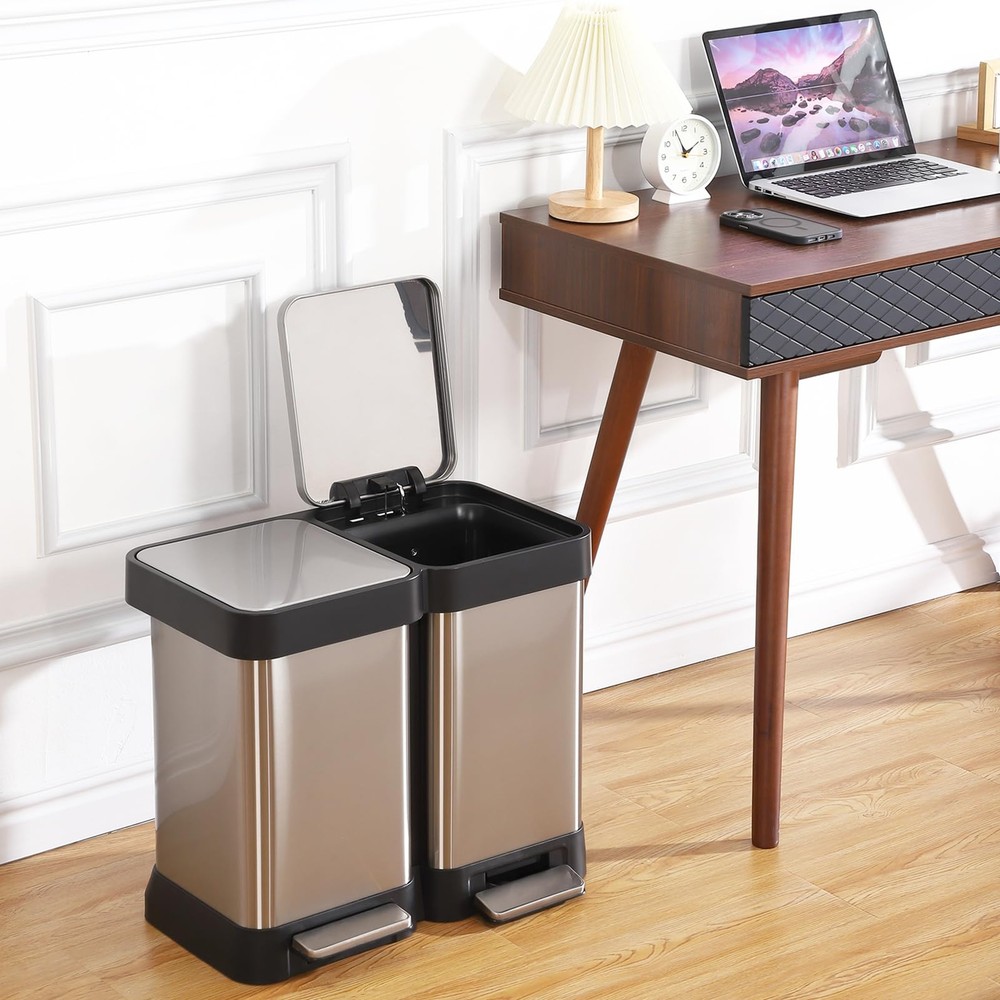 Dual Trash Can, Stainless Steel 2 x 5 Gal (2 x 20L) Garbage Can, Double Steel...