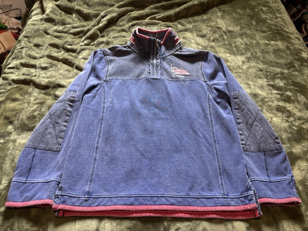 Fat Face Airlie Canvas 1/4 Zip Pullover Mens Medium Blue Rugby Flag Elbow Patch