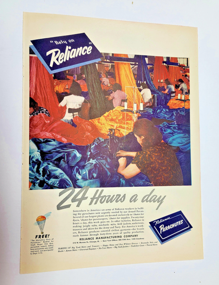 Vintage Rare 1943 Reliance Parachutes WWII 11x14 ad