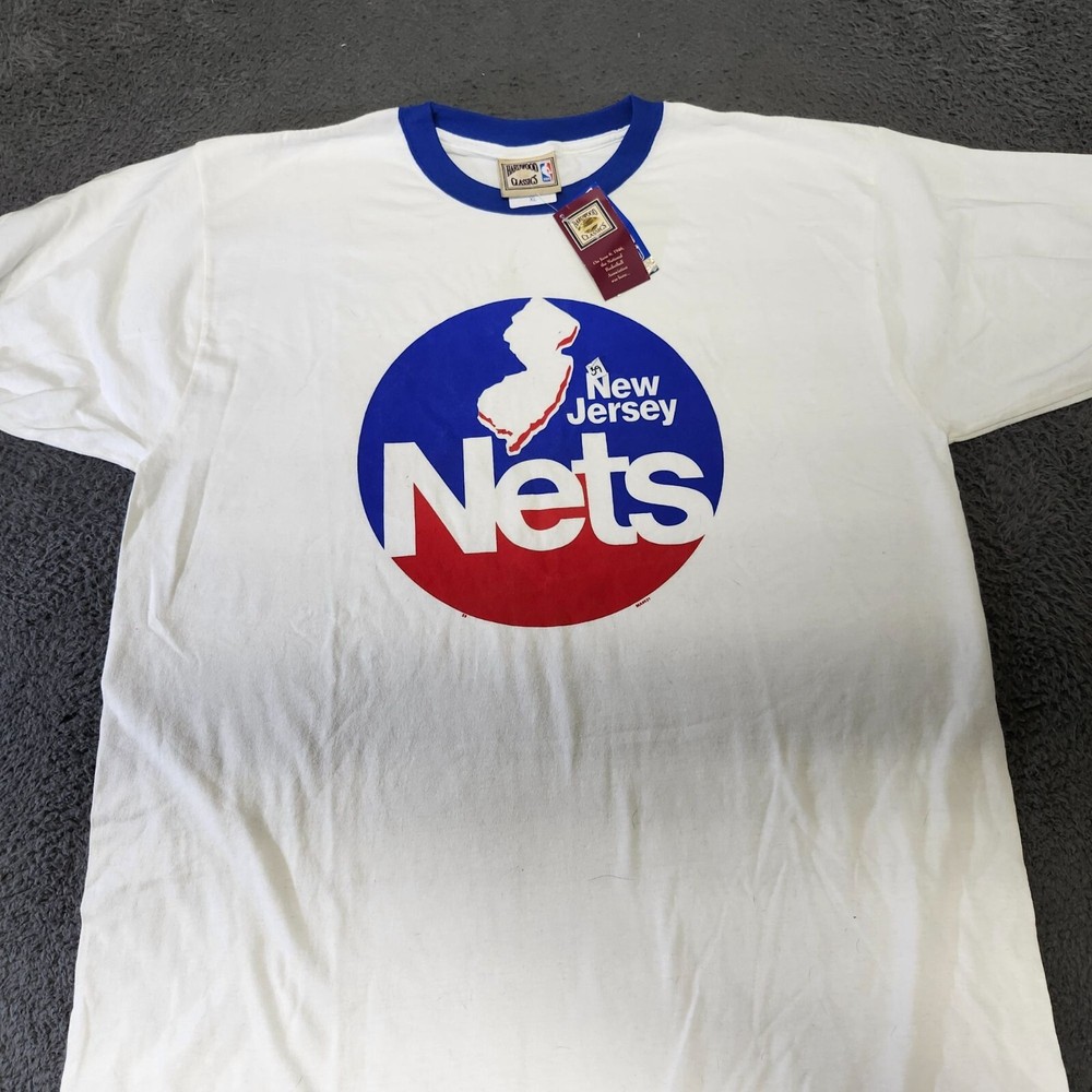 Vintage New Jersey Nets Hardwood Classics NBA T-Shirt XL 100% Cotton White & Blu