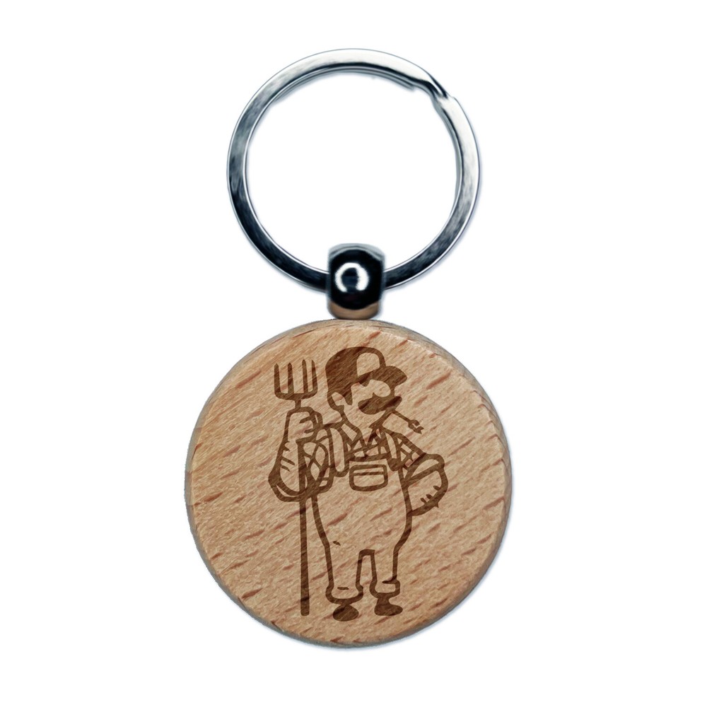 Farmer with Overalls and Pitchfork Engraved Wood Round Keychain Tag Charm