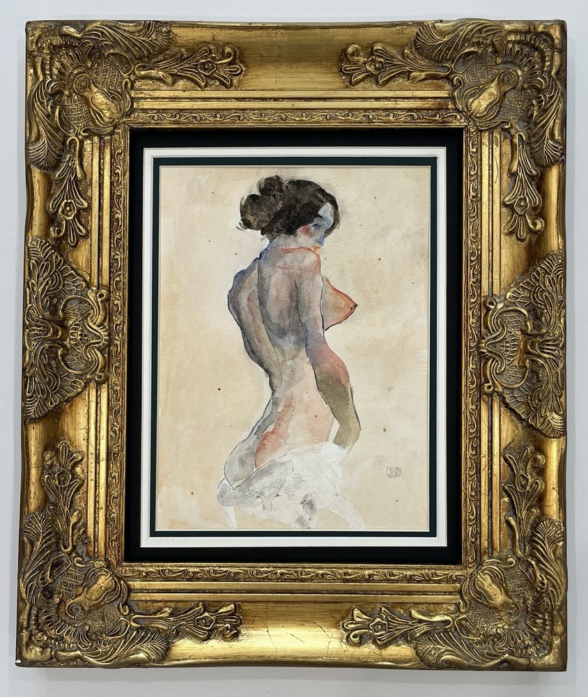 Egon Schiele 1980-1890 Watercolor Painting in the style of Art  Framed signed