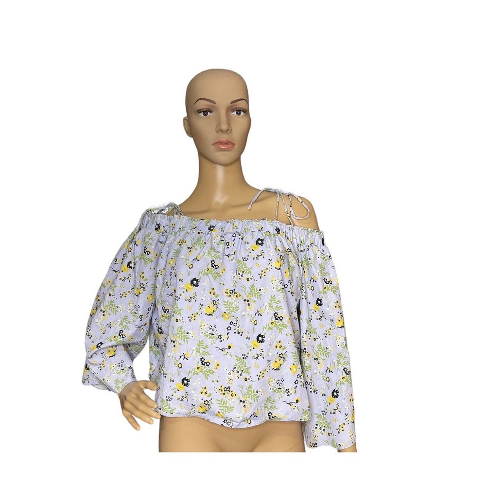 Topshop Blue Floral Pastel Cotton Off-Shoulder Cropped Top Size 10 for Women