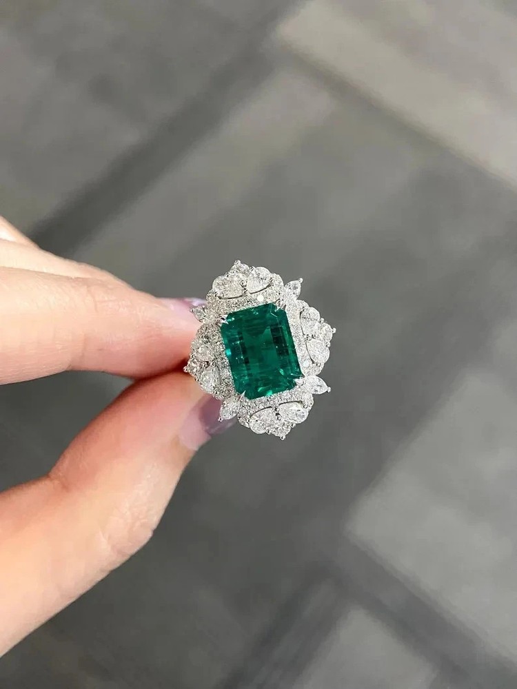 3.05 Ct Emerald Green Emerald Engagement Ring 14K White Gold