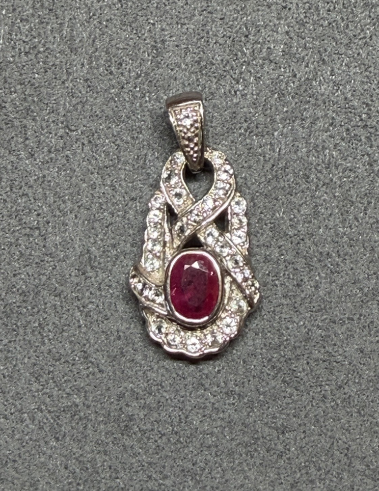 925 Sterling Silver Red Ruby w/ CZ Cubic Zirconia Necklace Pendant for Women
