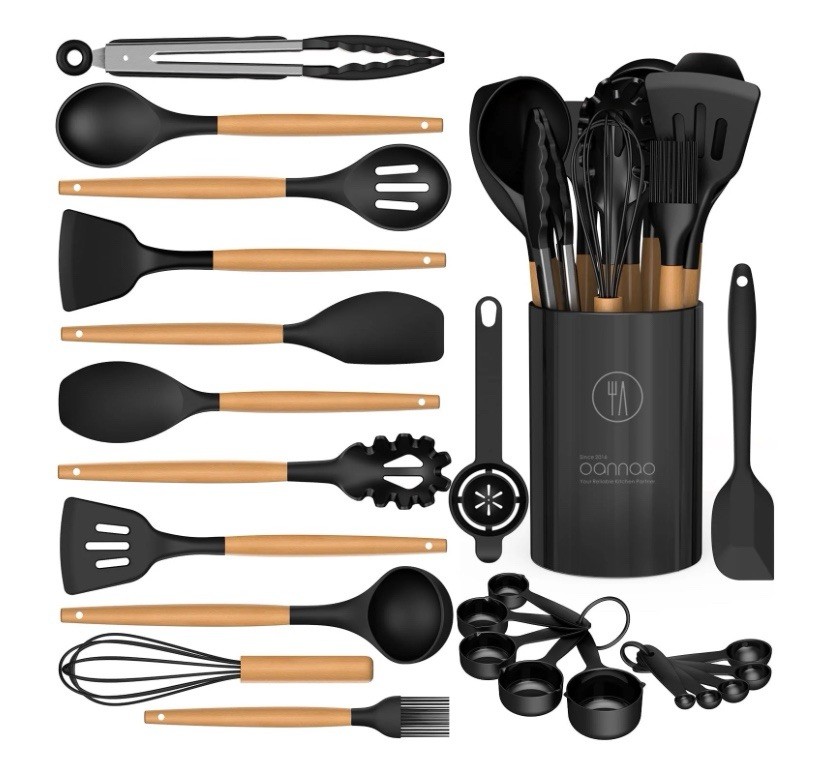 Oannao 15-Piece Silicone Cooking Utensil Set, Wood Handles, Heat Resistant