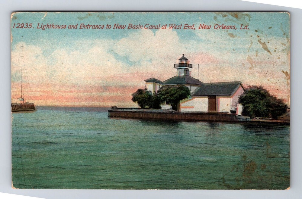 New Orleans LA-Louisiana, Lighthouse, Entrance New Basin Canal Vintage Postcard