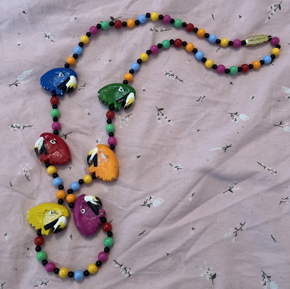 Mardi Gras Bead Necklace W/ Parrots Plastic Bright Colors