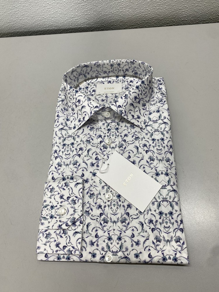 Eton Mens Contemporary Fit Cotton Floral Dress Shirt Size 44 17.5 White, Blue