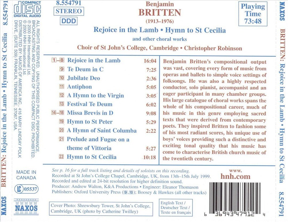 St. Johns College Choir Cambridge Christopher Robinson Britten Rejoice