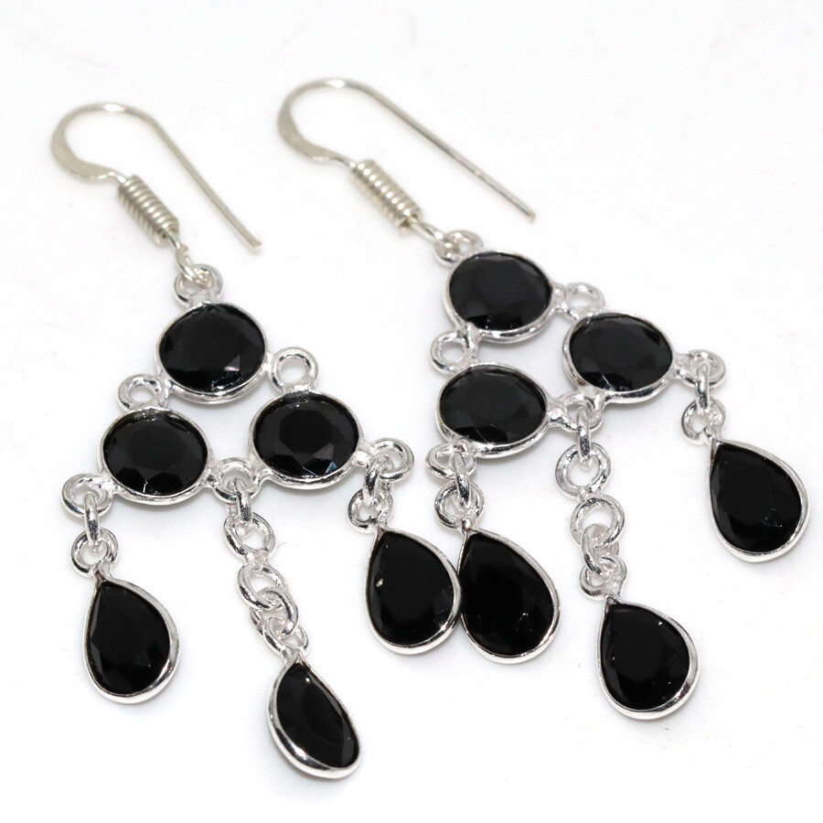 Pendientes largos enchapados en plata 925 facetados de ónix negro 2,2