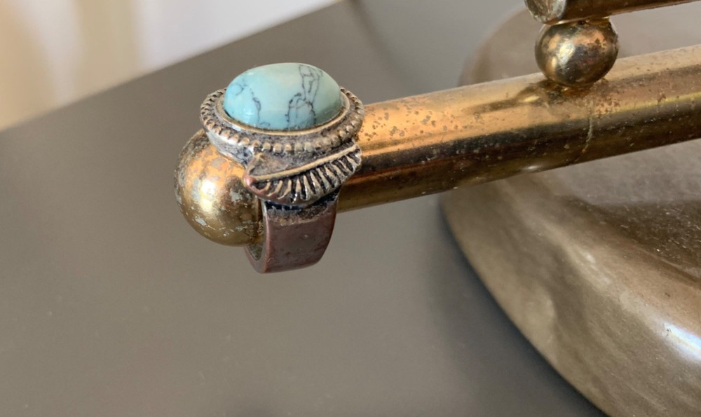 Vintage Southwestern Turquoise Ring 6 – Silver Tone Ornate Setting, Boho Western