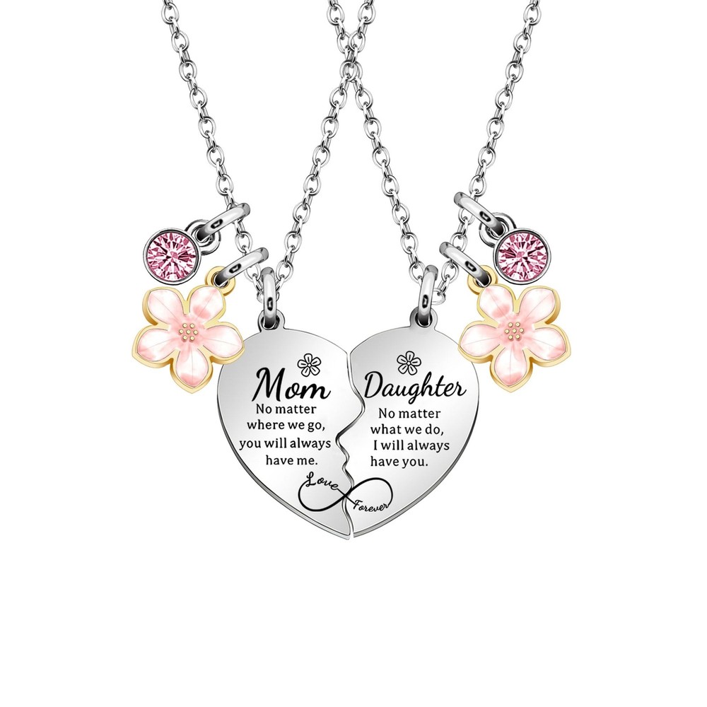 2Pcs Mother Daughter Heart Matching Pendant Necklace Set Gifts For Mom Mother...