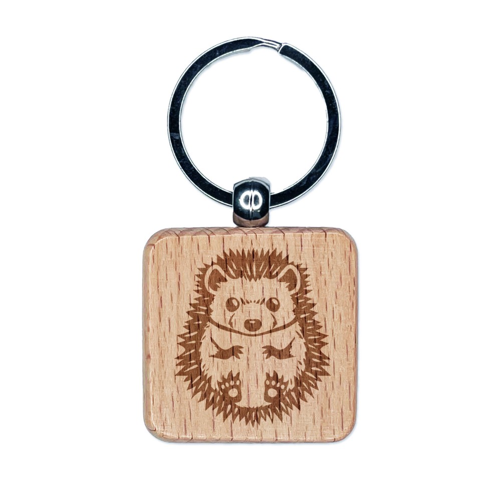 Adorable Hedgehog Curled in Ball Wooden Square Keychain Charm